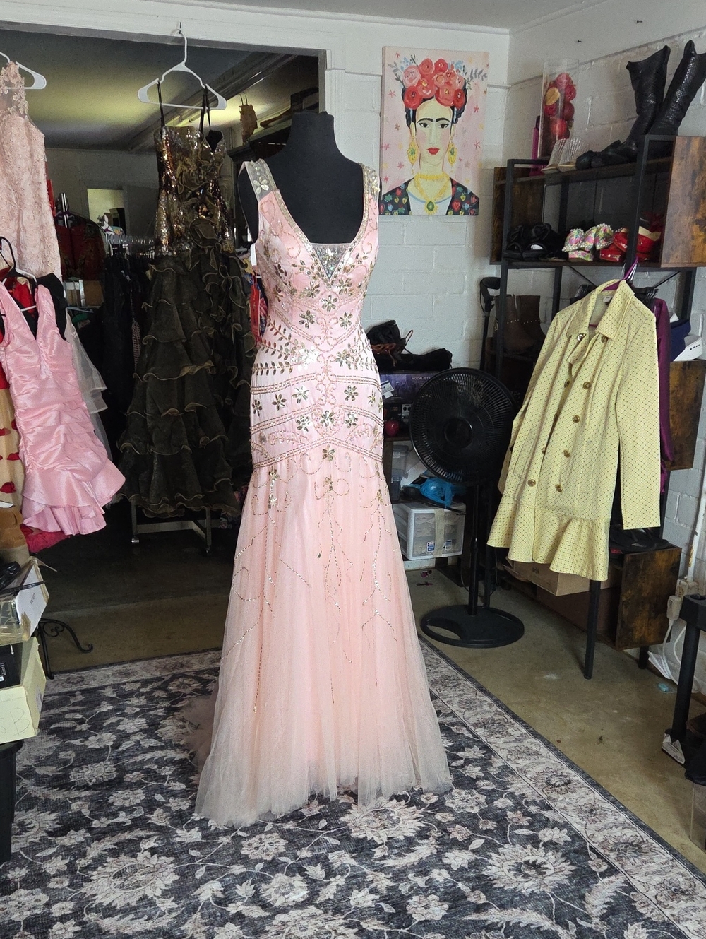 Beaded Pink Tulle Prom Gown with V-Neck